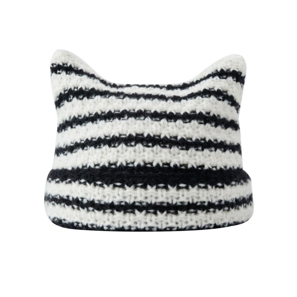 Winter Women's Hats Cute Cat Ears Knitted Wool Cap Japanese Beanie Hat Ins Little Devil Striped