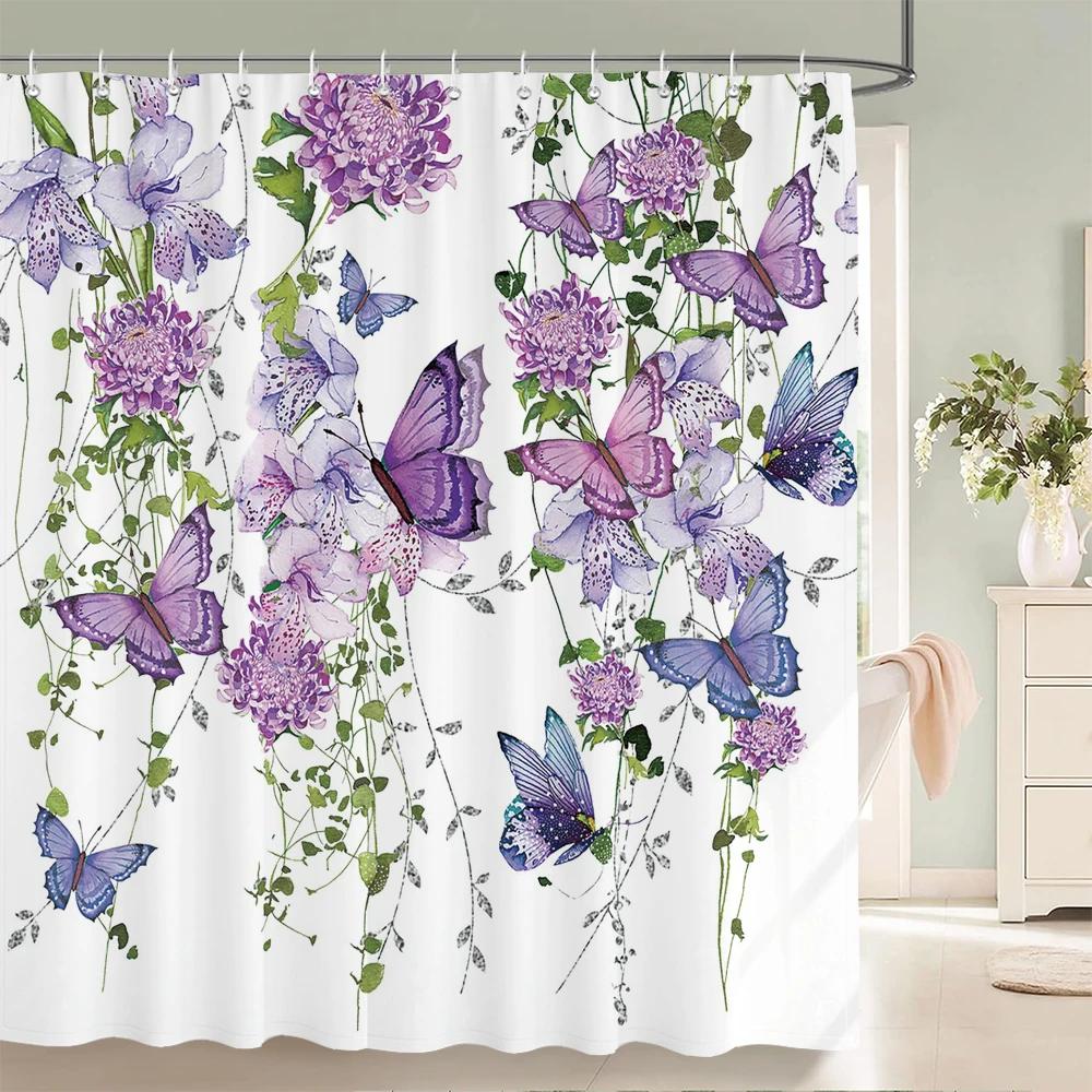 Flowers Butterfly Shower Curtain Fantasy Art Rose Floral Girls Waterproof Fabric Bathroom Curtain Room Decor Curtains With Hooks