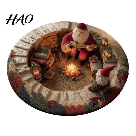 Indoor Festive Area Rug Christmas 3D Rug, Illusion Round Decorative Winter Seasonal Floor Mat, Carpet for Home Living Room Holiday Decoration Decor