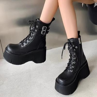 Мода 2024 года, высококачественные новые модные женские сапоги на высоком каблуке с металлической пряжкой, на толстой подошве, длиной до щиколотки