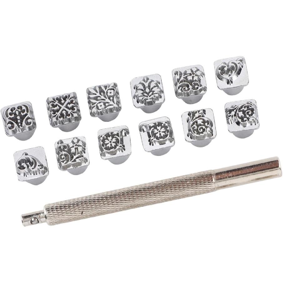 12 шт. Инструменты для тиснения кожи, 12 узоров Цинковый сплав Штампы для кожи Набор инструментов для пробивки, Цветочный дизайн Штамп для кожи для кожаного ремесла DIY Ювелирные изделия