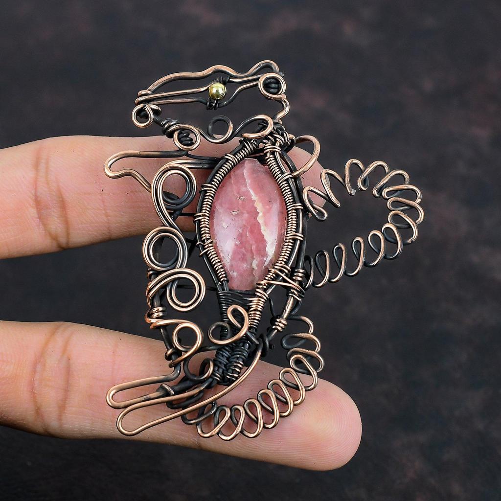Rhodochrosite Pendant Copper Wire Wrapped Pendant Handmade Rhodochrosite Jewelry Rabbit Gemstone Pendant Copper Wire Jewelry Gifts For Women