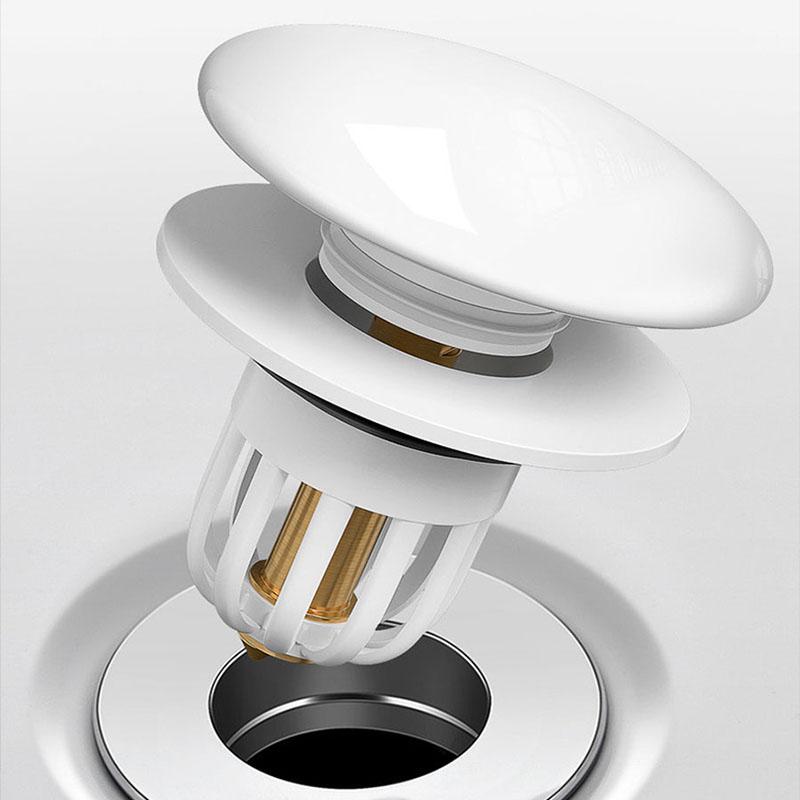 White Ceramic Sink Drain Stopper Push-Type With Anti-Rust Copper Core Hair Filter Leakproof Bathroom Basin Plug
