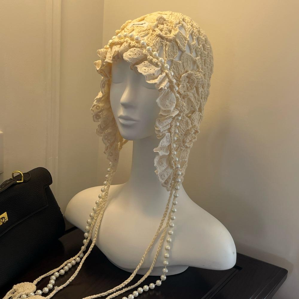 Hollow Out Lace Beanies Pearl Tassels Knit Cap Casual Crochet Flower Knitted Hat Girls