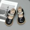 Children Leather Shoes for Girls Glossy Kids Fashion Pearls with Bow Casual Hook & Loop Princess Wedding Shallow Loafers 2024