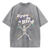 Street Women Washed T-Shirts Free As Bird Skeleton Man Printed Tee Shirts Comfortable Cotton Oversize Tees Summer Clothes