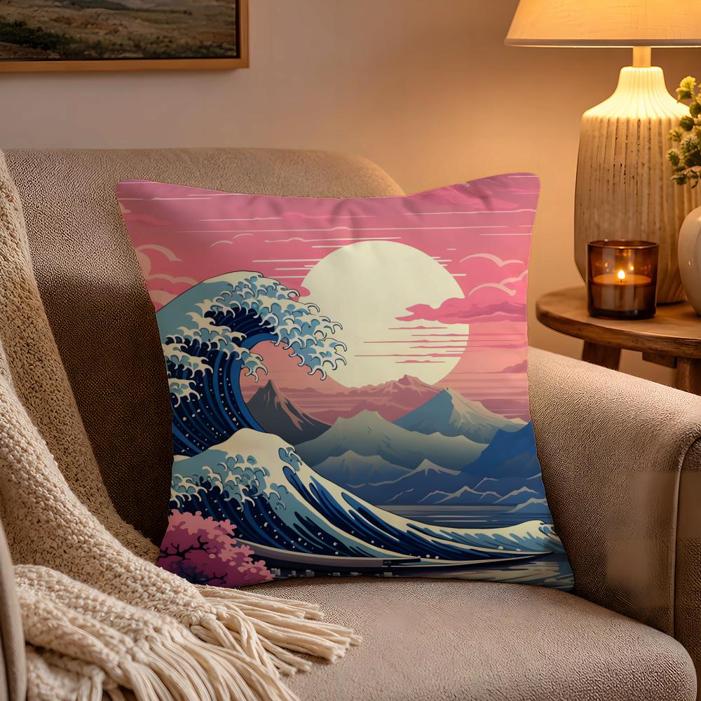Japanese Waves Anime Cushion Cover Soft Plush Cushion Cover Double Print And Invisible Zipper For Sofa Home Car Use