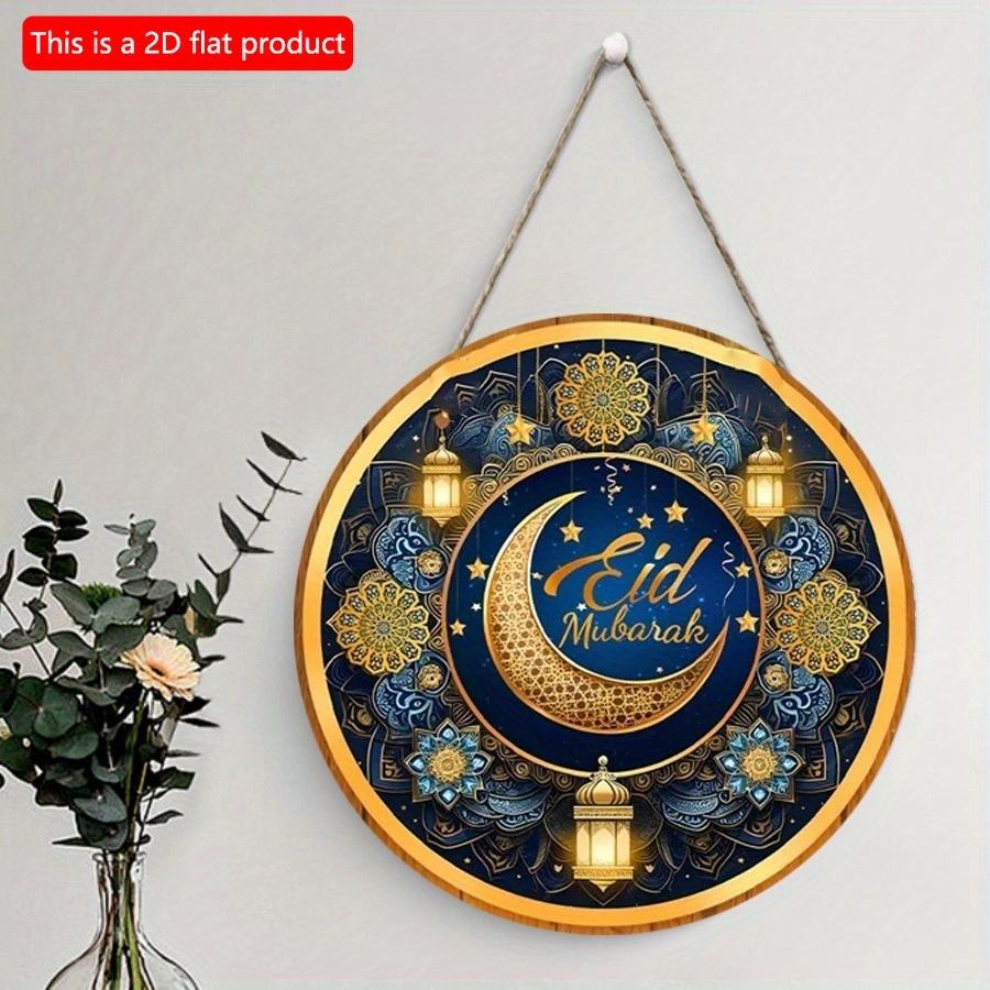 2D Flat 20*20cm 1pc EID Mubarak Bright Moon&Flowers&Lantern Pretty Round Wooden Pendant, Star Sky Theme Gorgeous Retro Style Ceiling Hanging Ramadan