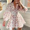 Women's Fashion Spring Fall Flower Pattern Print Long Sleeve V-Neck High Waist Casual Dresses