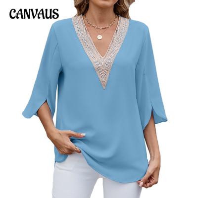 Женская весенне-летняя новая однотонная блузка из шифона с V-образным вырезом и рукавами средней длины