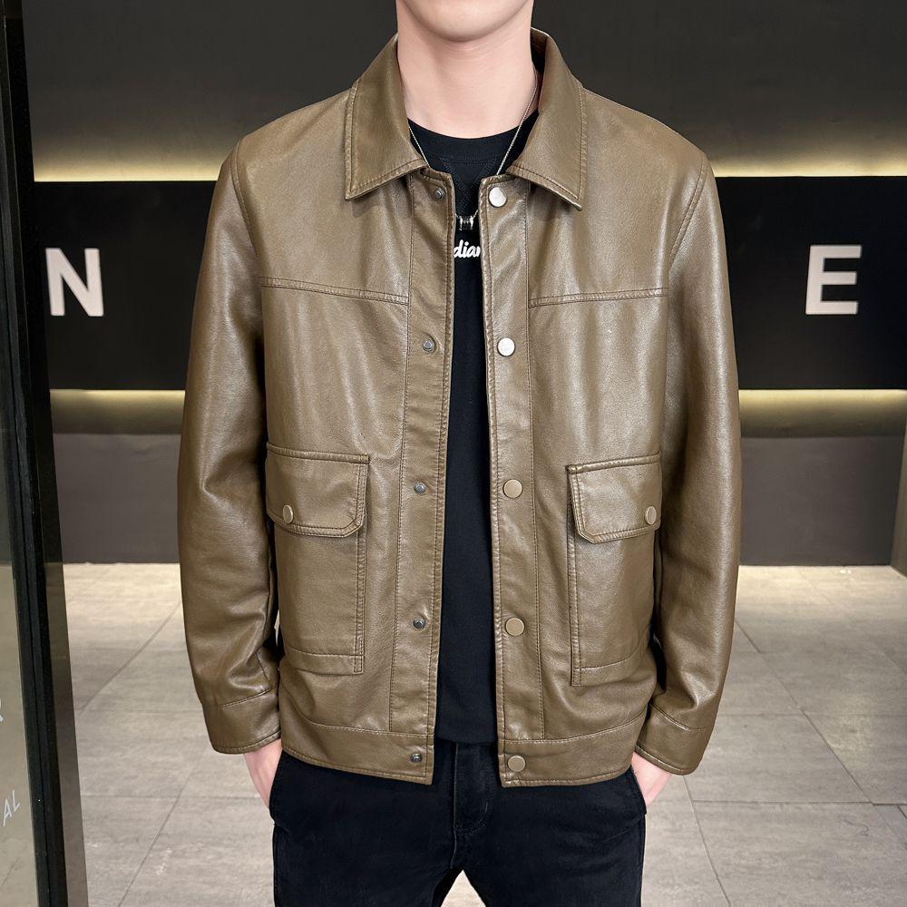 Мужская повседневная трехцветная кожаная мотоциклетная куртка приталенного силуэта с новым трендом лацканов (2025)