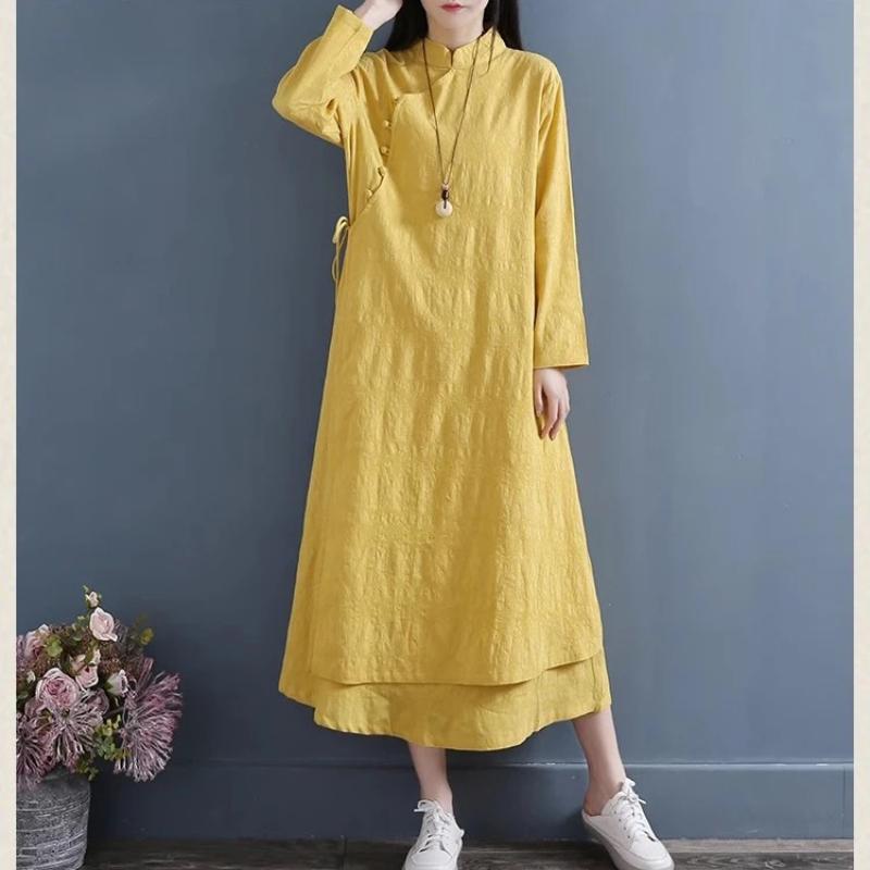 Весенние женские платья Vestidos Robe Elbise Свободные Большого размера Хлопок Лен Двухслойное Длинное платье
