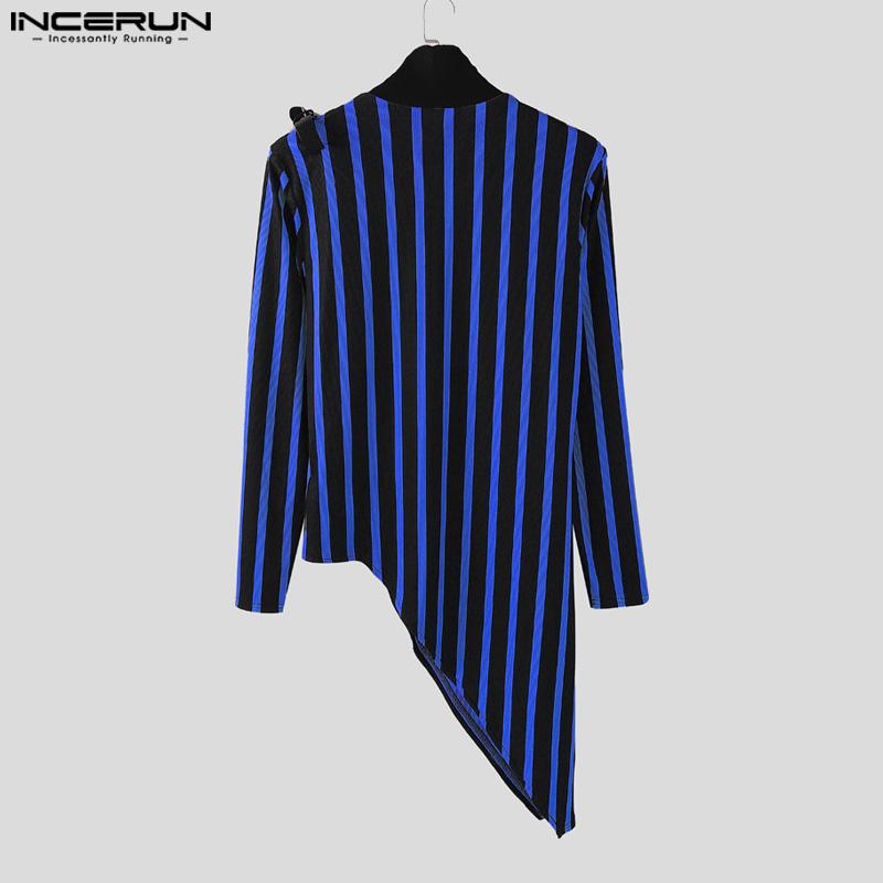 INCERUN Autumn Men's High Neck Long Sleeve Patchwork Striped Irregular Casual T-shirts Undershirts