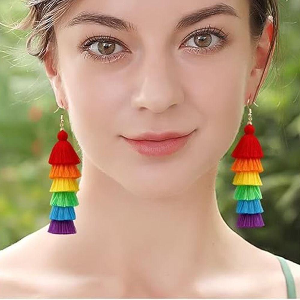 Rainbow Layered Long Drop Dangle Earrings Lightweight Trendy Pride Jewelry  Gift