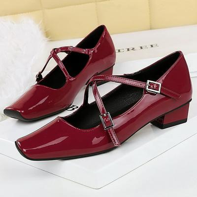 Туфли 3 см Низкий каблук женские туфли лакированная кожа Женские лодочки толстые с квадратным носком Каблуки-рюмочки Дизайн с пряжкой высокий каблук