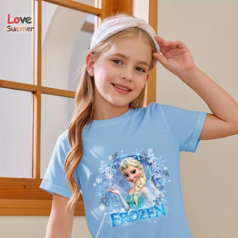Детская футболка Эльза Снежинка Мультяшный принт Повседневная с круглым вырезом с коротким рукавом Эластичный крой Идеально для весны 2026 Ежедневная носка