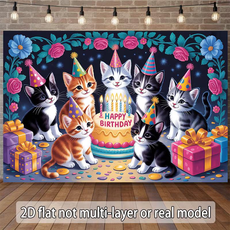 2D Cat Themed Happy Birthday Backdrop for Kids Birthday Party Decoration