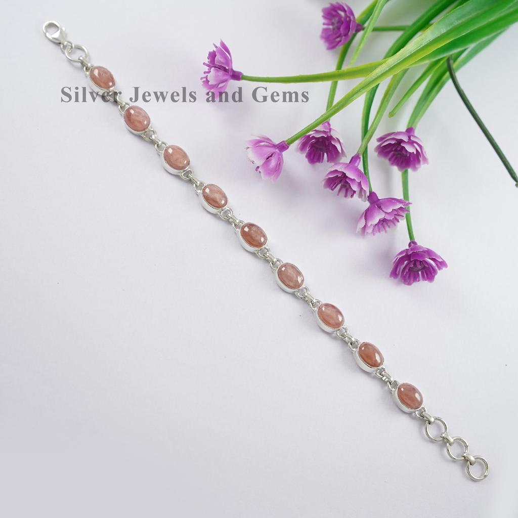 Natural Rhodochrosite Bracelet: Oval Pink Gemstone, 925 Sterling Silver