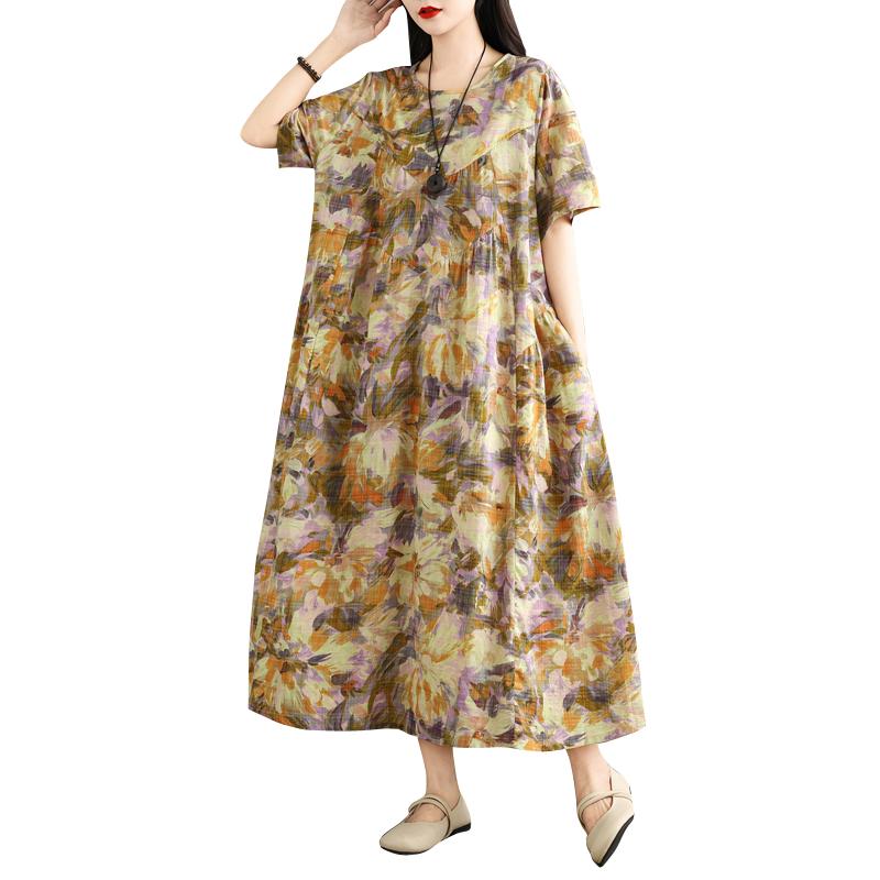 Dimanaf 2025 Женское Летнее Платье Винтажный Принт Цветочный Базовый Повседневный Оверсайз Длинное Свободное Платье Плюс Размер