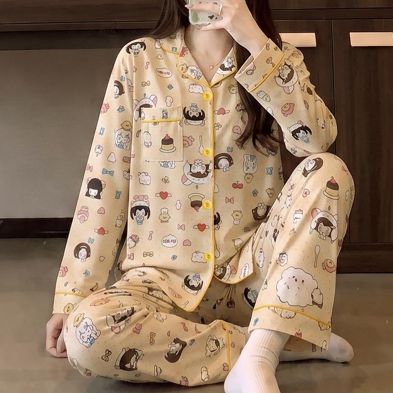 Japanese sweet two-dimensional girl style ins imitation cotton pajamas casual loungewear long sleeves trousers two-piece set