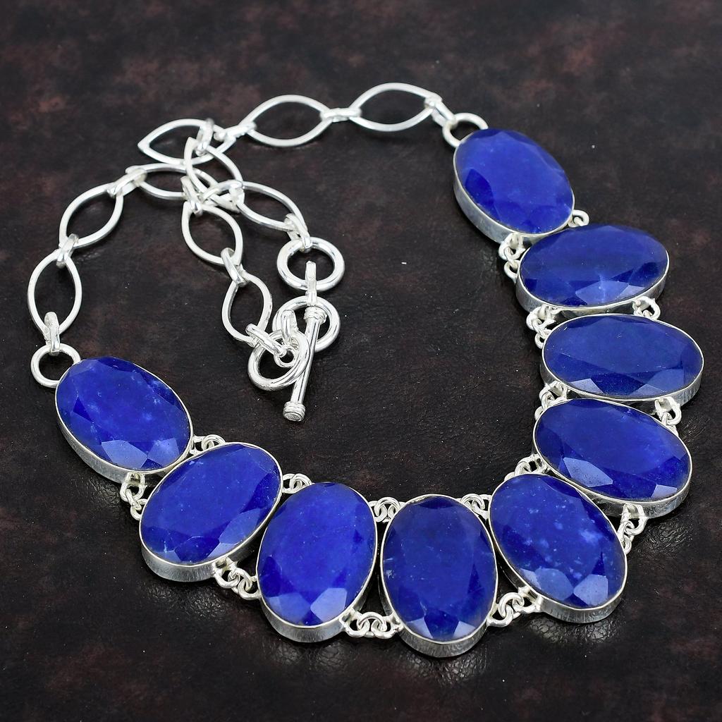 Ожерелье из граненого синего сапфира, ожерелье из настоящего драгоценного камня, ювелирное изделие ручной работы, ожерелье из стерлингового серебра 925 пробы, регулируемая цепочка, свадебные подарки