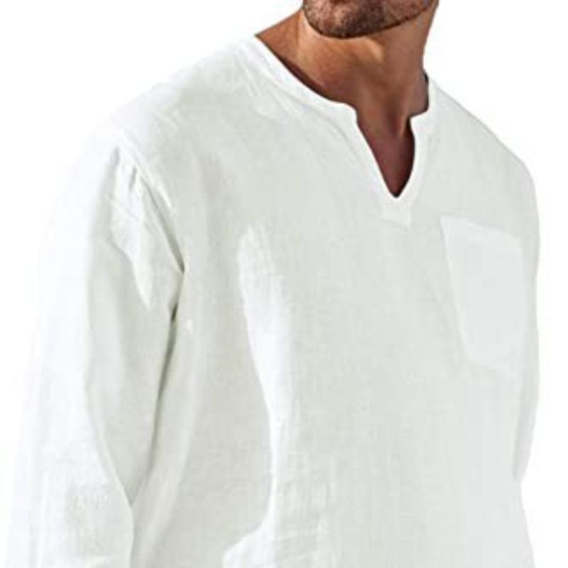 Модная мужская повседневная пляжная льняная рубашка с длинным рукавом и V-образным вырезом, мужские топы