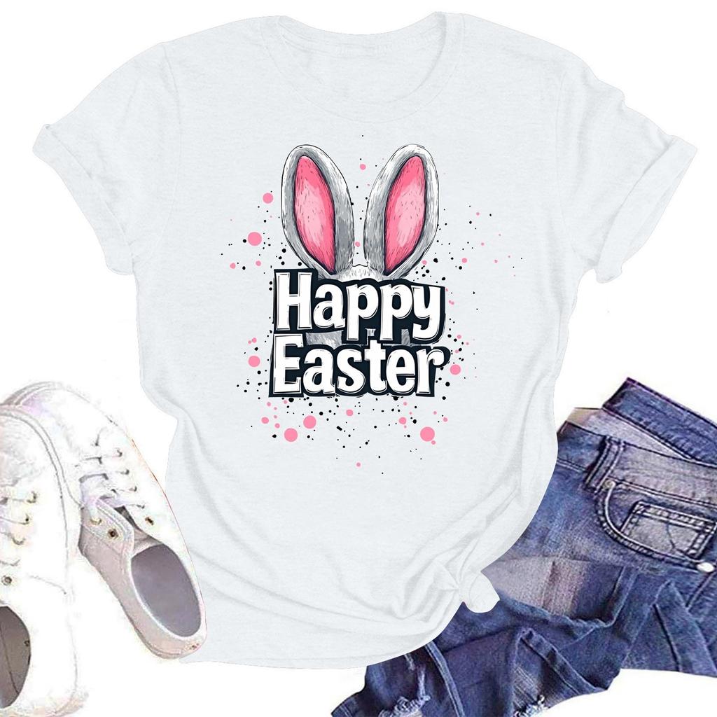 Happy Easter Women's Fashion Printed Round Neck Short Sleeve T-Shirt Pullover Top