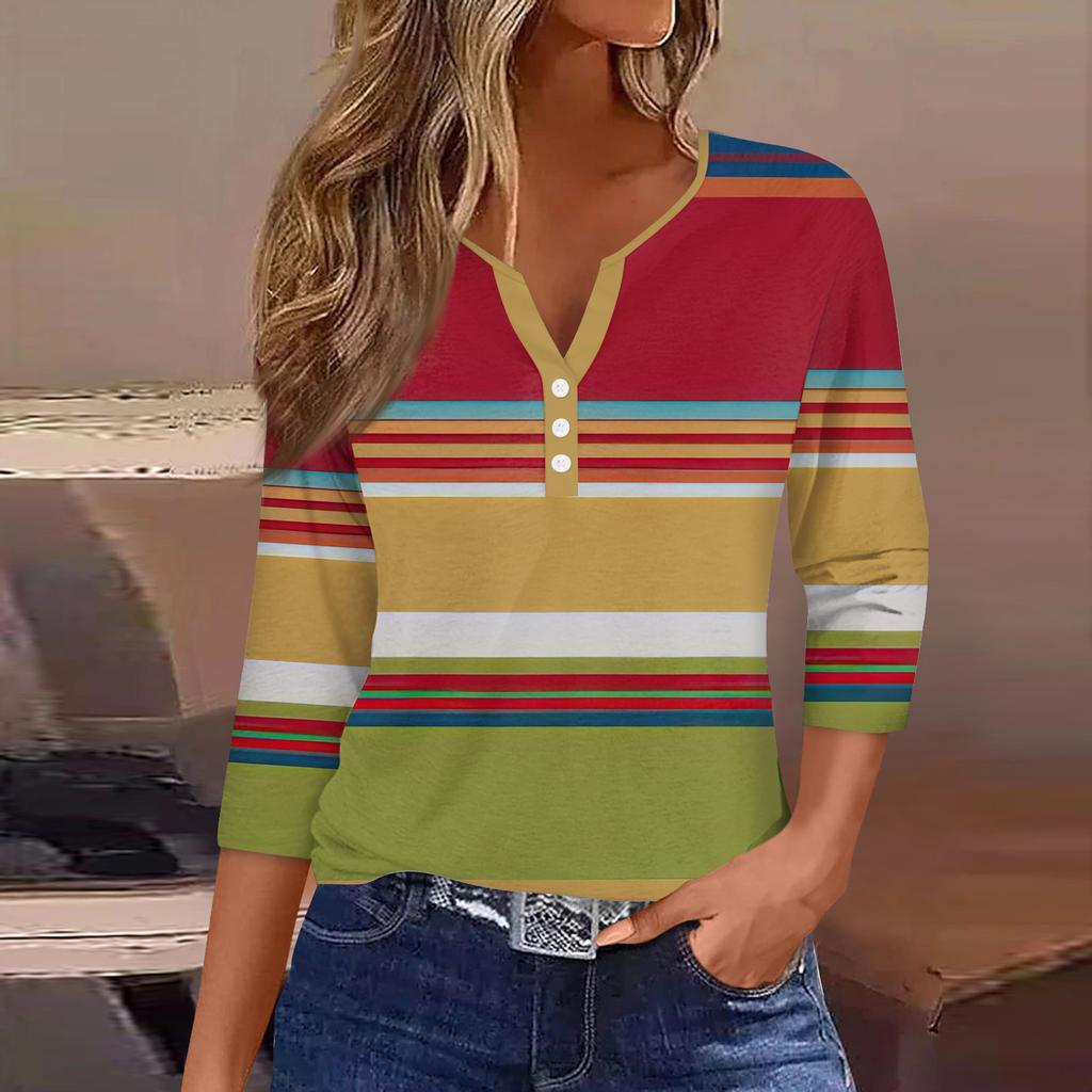 Women's Fashion Casual Striped Print V-Neck Decorative Button Three-quarter Sleeve T-Shirt Top