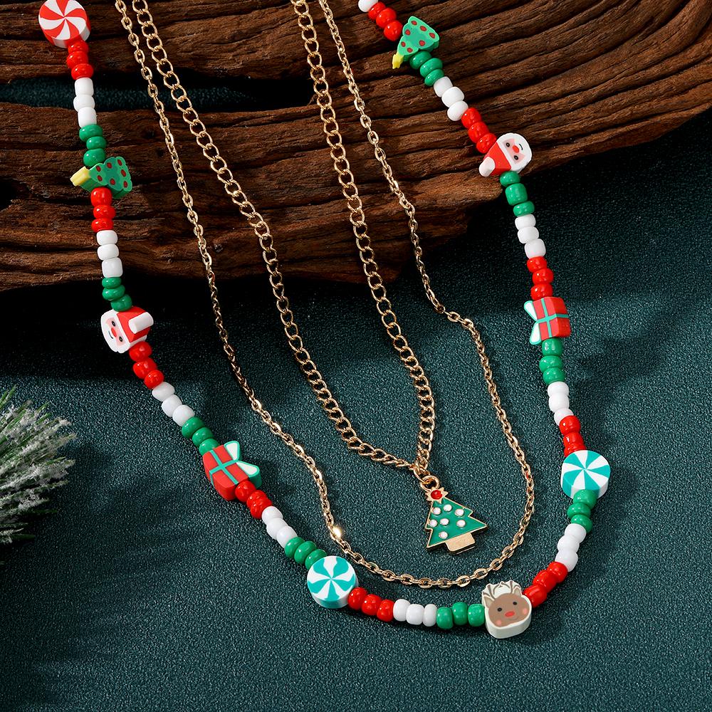 2023 Новый подарок для девочек с героями мультфильмов, снежинка, Санта-Клаус, комплект ожерелья в форме рождественской елки, рождественские модели, цепочка, рисовые бусины, колокольчики, ожерелье палевого цвета, 3 шт.