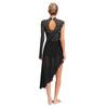 Womens Asymmetrical Lyrical Dance Dress Mock Neck Cutout Sheer Mesh Shiny Rhinestones Performance Costume