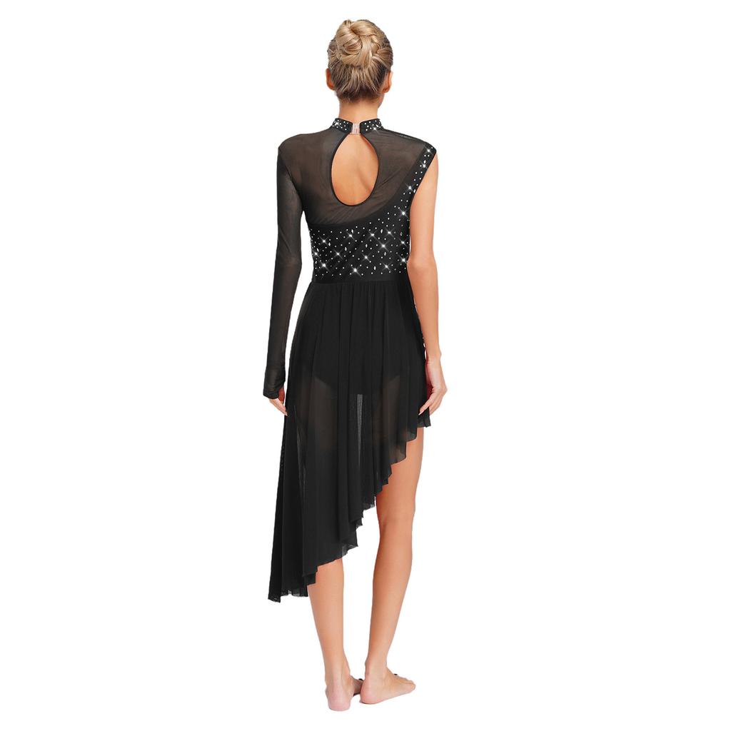 Womens Asymmetrical Lyrical Dance Dress Mock Neck Cutout Sheer Mesh Shiny Rhinestones Performance Costume