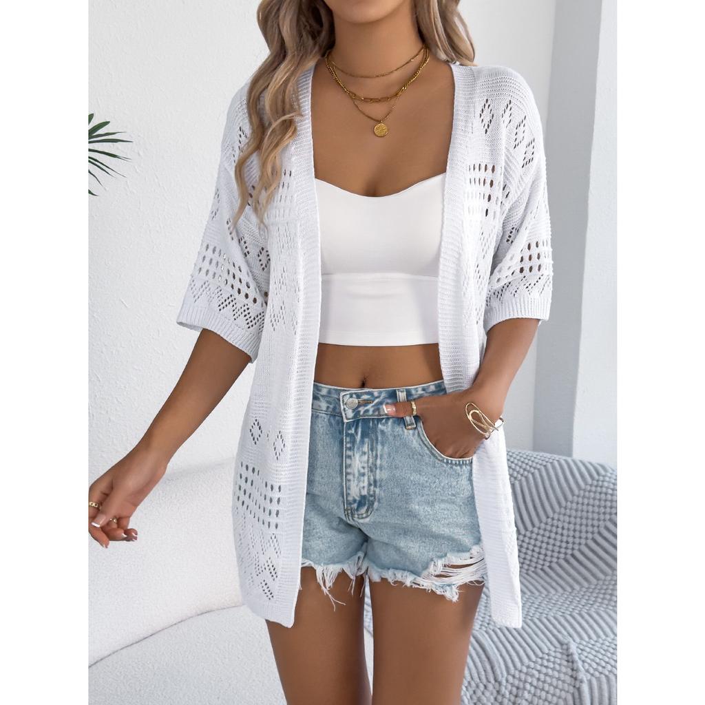 QICED Весенне-летний повседневный однотонный вязаный свитер с вырезами и рукавами средней длины, кардиган для отпуска, женская одежда