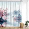Пейзажная шторка для душа в японском стиле, тушь, гора, цветение сакуры, павильон, озеро, азиатское искусство, занавески для ванной, домашний декор для ванной