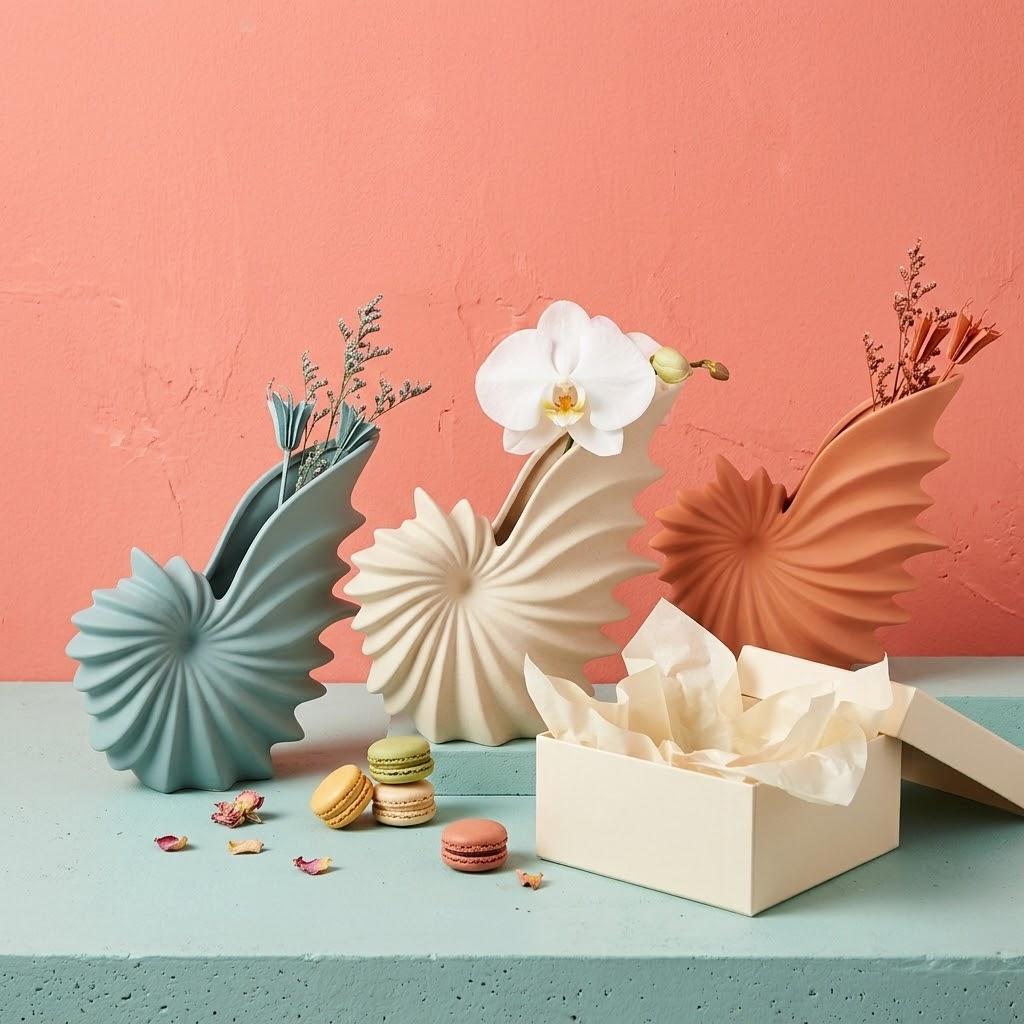 Minimalist Nautilus Shell Ceramic Vase, Modern Spiral Flower Vase for Home Decor, Unique Boho Aesthetic Table Centerpiece, Housewarming Gift