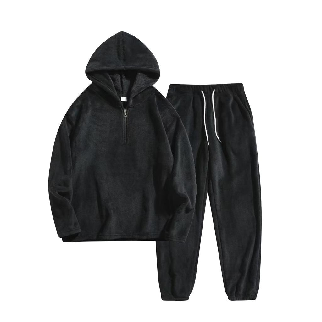 Men's Winter Solid Color Plush Long Sleeve Half Zipper Hooded Sweatshirt And Sweatpants Set