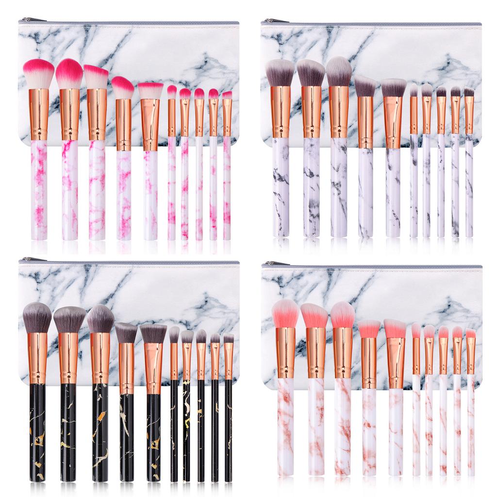 HMU Cheap Price 10 Pc Makeup Brushes Marbling Handle Strong Marble Makeup Brushes With Leather Marble Makeup Brush Holder