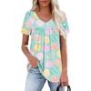 Ladies' Casual V-neck Short Sleeved Shirt With Pleated Easter Print On The Chest