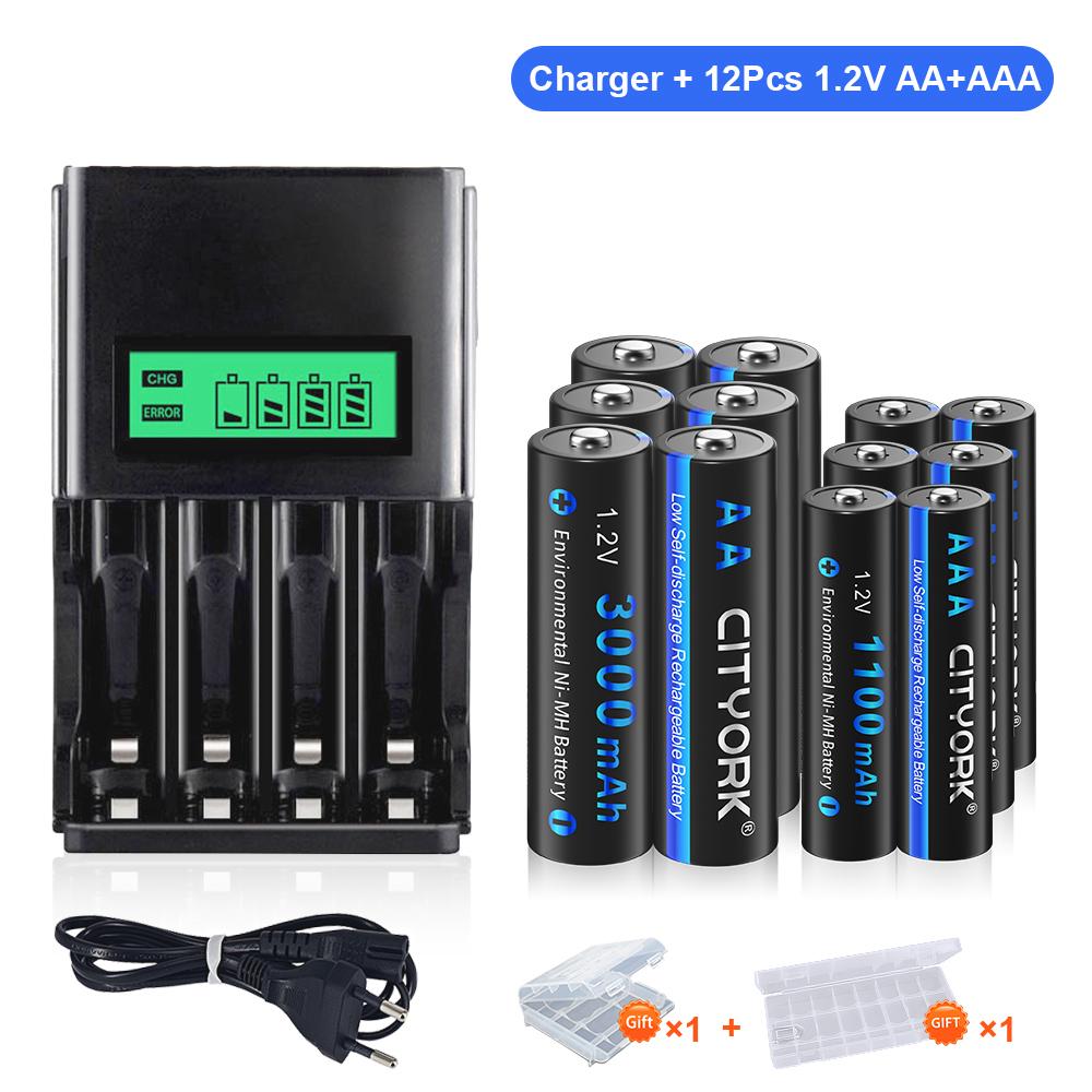Cityork Перезаряжаемая батарея AA 1,2 В + аккумуляторная батарея AAA 1,2 В + USB-зарядное устройство с ЖК-дисплеем для 1,2 В AA AAA nimh NI-MH батареи