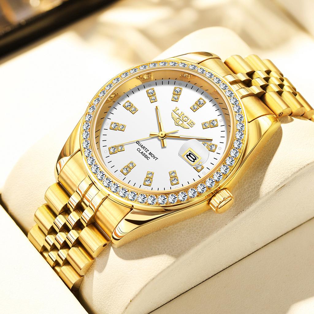 LIGE Luxury Business Mens Watch Fashion Diamond Dial Waterproof Luminous Calendar Gold Stainless Steel Quartz Watches for Men