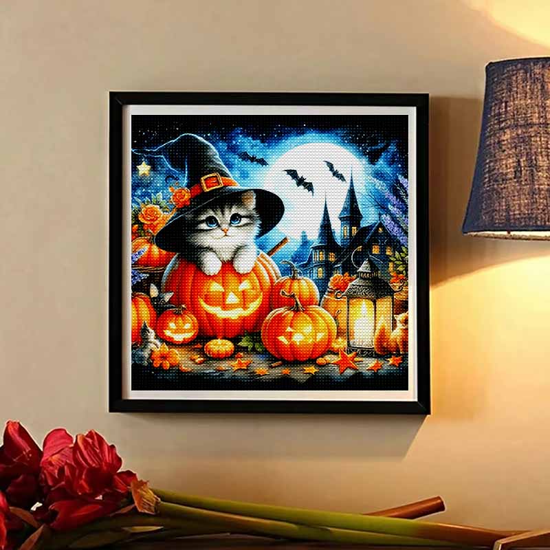 New Arrival 5D DIY Full Circle Diamond Painting "Halloween with Kittens" Embroidery Cross Stitch Home Decor Gift