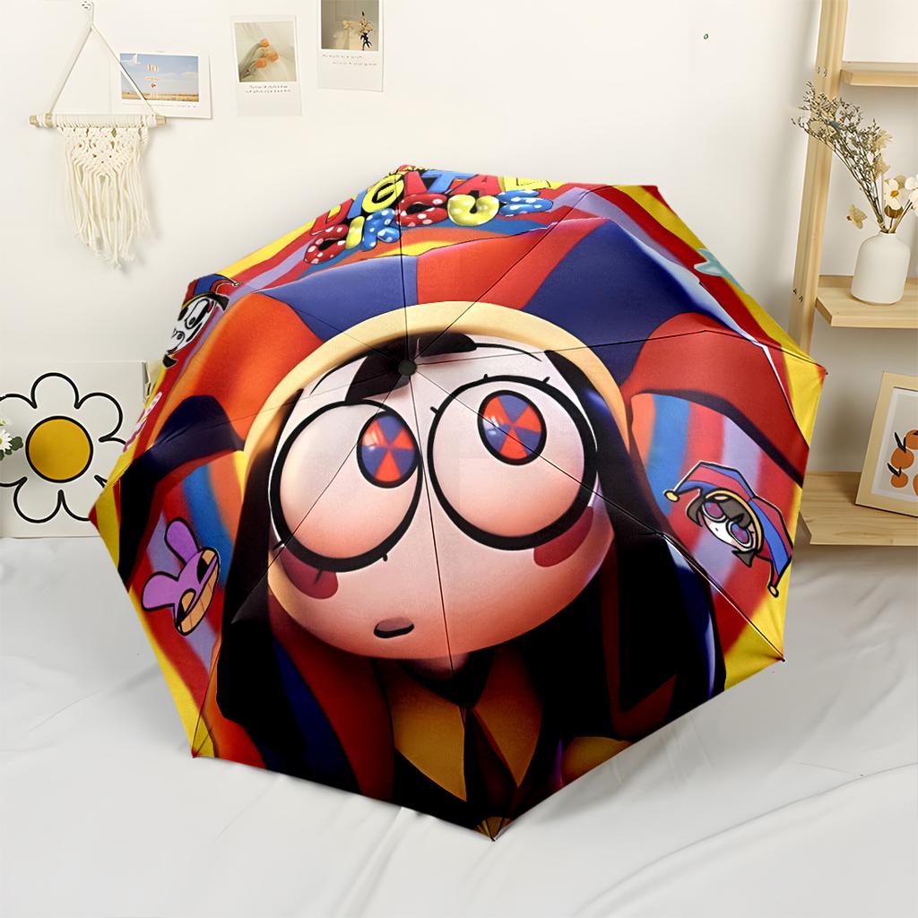 Pomni Cartoon Characters Compact Travel Automatic Umbrella with 8-Rib Durable All-Season Umbrella for Travel Fashion Lovers Wedding Party Gift