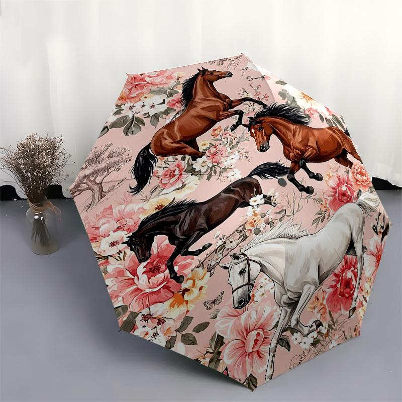 1PC Horses Floral Umbrella-8-Rib Reinforced, Automatic Open, Lightweight & Durable, Fashion Accessory for Outdoor, Beach L0386