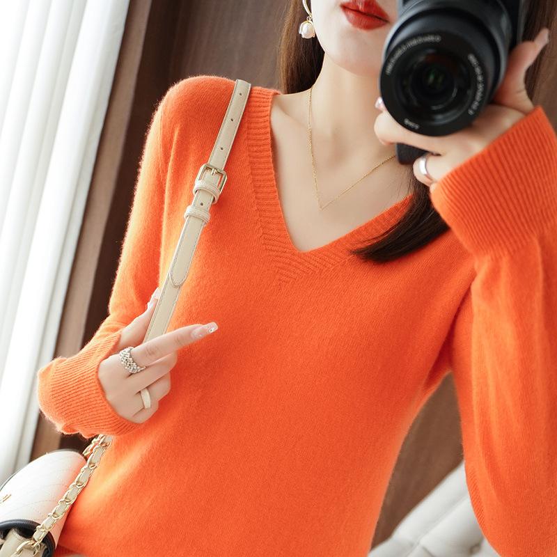 V Neck Sweater for Women Solid Long Sleeve Knit Sweaters Slim Fit Base Pullover Top
