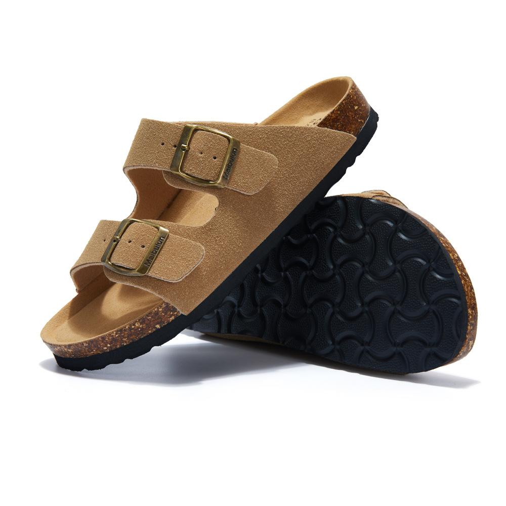 Модные матовые кожаные летние мужские пробковые шлепанцы для улицы, пара, на плоской подошве, противоскользящие пляжные сандалии