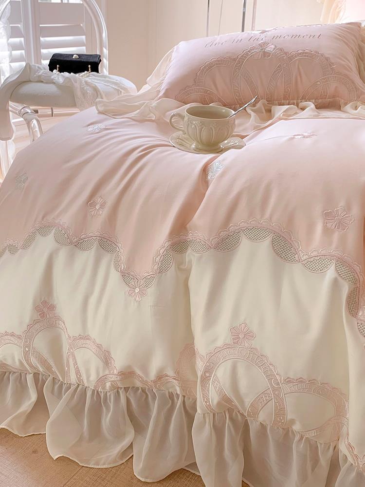 French 140-count Long-staple Cotton Four-piece Set Pure Cotton Embroidered Bed Sheet Quilt Cover Bedding Home Textile Princess Style