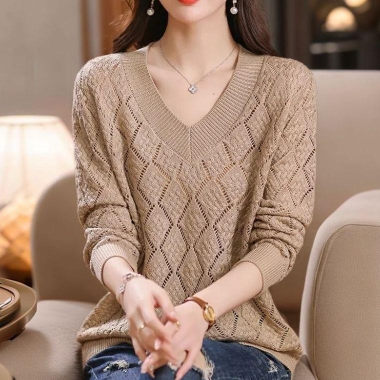 Женский пуловер допаминового цвета размера плюс с V-образным вырезом, свободный, открывающий ключицы, высококачественный вязаный топ с ажурной вязкой для осени и лета