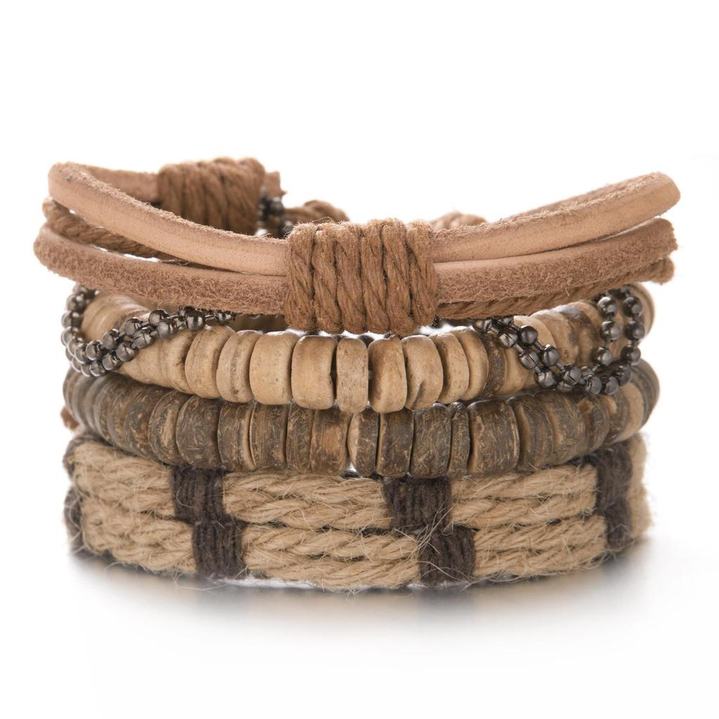 Men's Multi-Layer Bracelet Set with Wooden Beads and Braided Leather