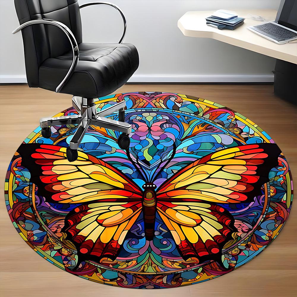 1PCButterfly StainedGlass Office Round Area Rug, Mat Suitable For Office, Under Office Chairs Bedroom Living Room Home Decor, Room Deco
