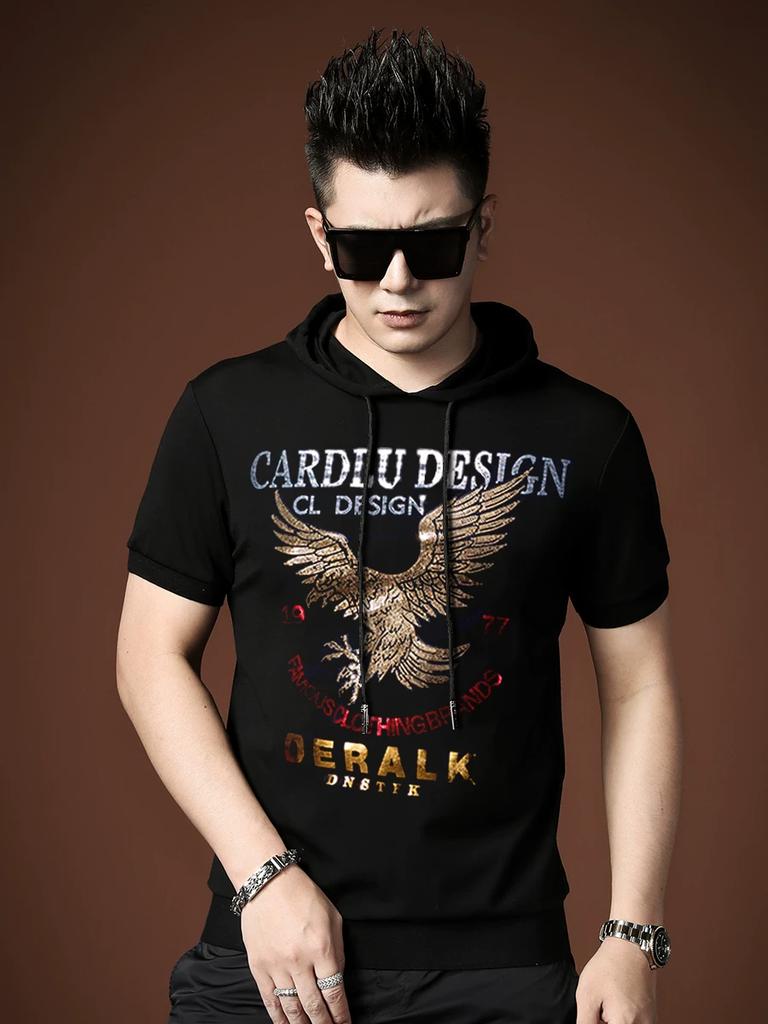 Ozhouzhan Men's Sports Hood Short sleeve T-shirt Summer New Eagle Laser Print Half Sleeve Hoodie Men's Clothing