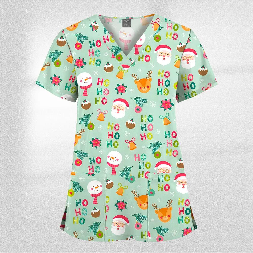 Women Working Uniform Cartoon Animal Print Short Sleeve V-neck T-shirt Tops Femme Blouse Nurse Work Wear Size XXS-6XL